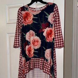 Floryday Navy Floral & Burgundy Houndstooth High-Low Tunic